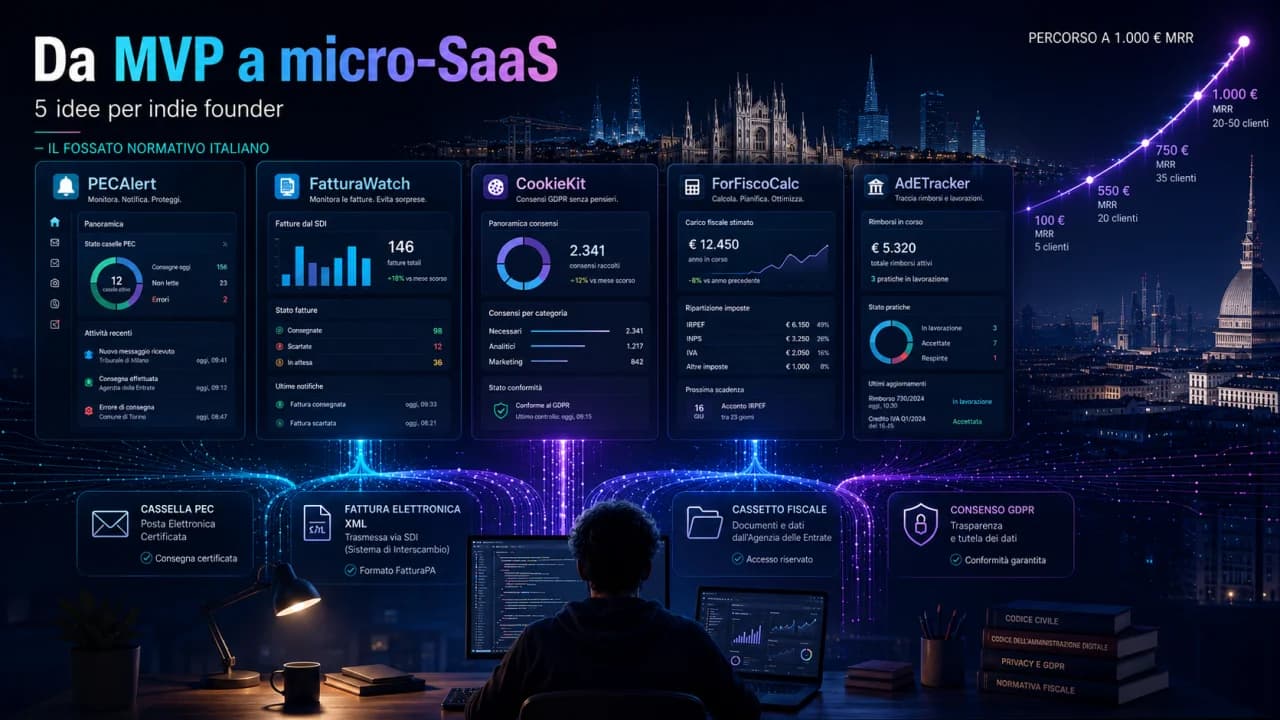Da MVP a micro-SaaS: 5 idee per indie founder italiani con calcolo clienti reale e il vantaggio strutturale dei verticali normativi italiani